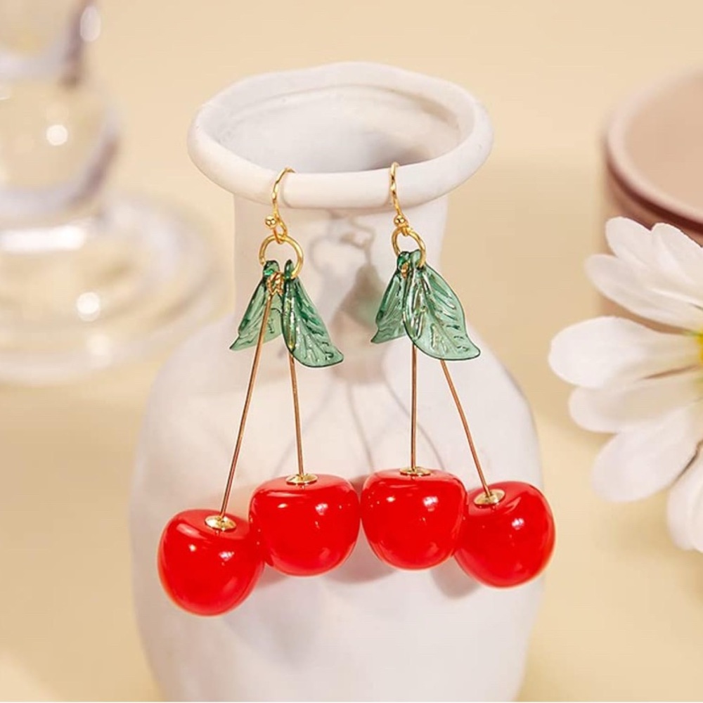 Cherry Dangle Earrings with Green Leaves